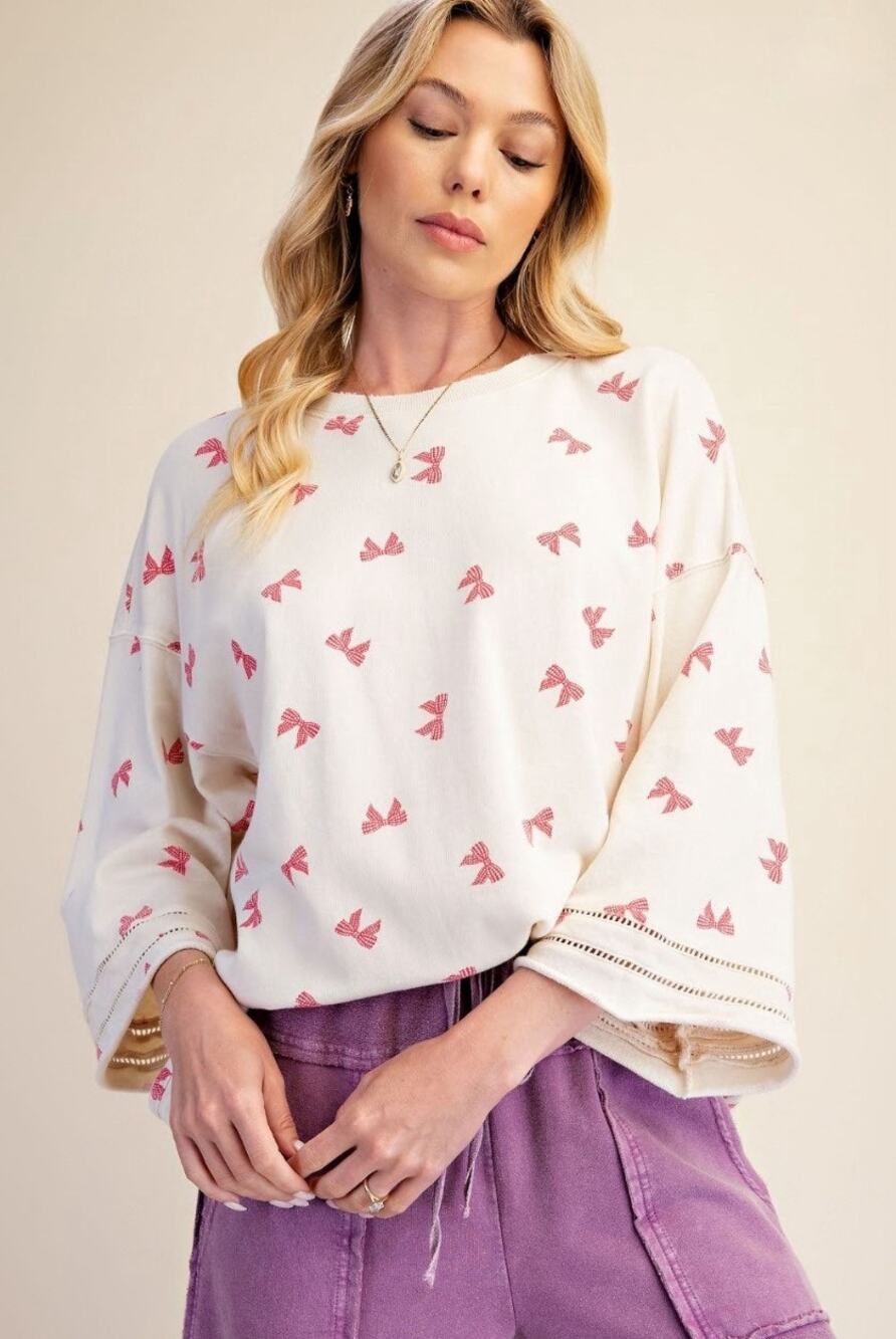 Easel Bow Oversized Printed Washed Terry Knit 3/4 Sleeve Pullover NWT